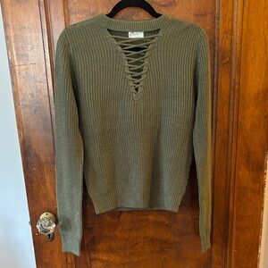 Poof Apparel Military Green Lace-Up Knit Sweater Size S